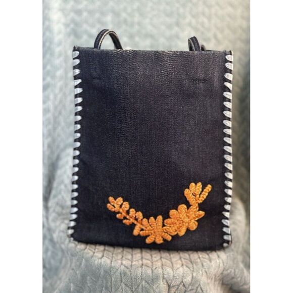 Rare Vintage Bebe Denim Handbag Embroidered Ribbon Weave Bohemian Hippie Bag - Picture 3 of 13